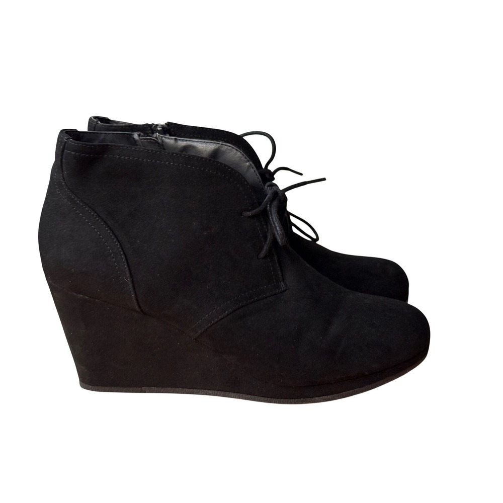 Universal Thread Womens Black Faux Suede Lace Up Wedge Booties Size 11 Side Zip